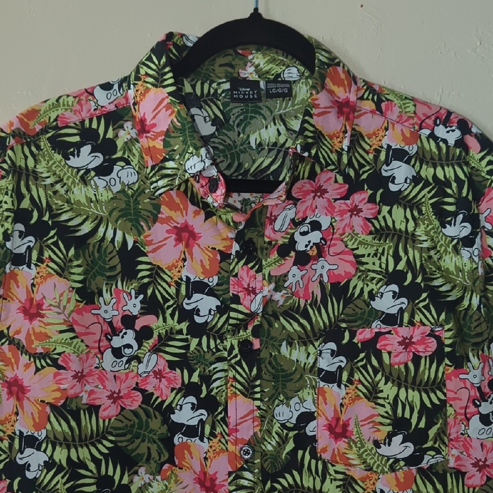 Disney Men's Floral Mickey Mouse Shirt - Pink, Green, Black Large